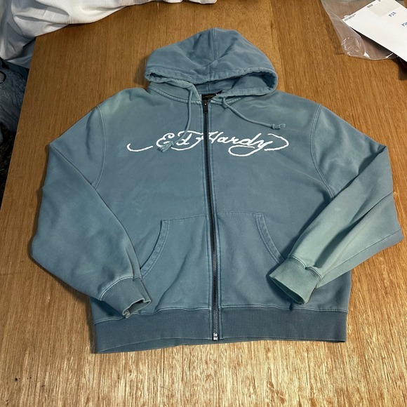 Ed Hardy Skull Flames Zip Up Hoodie Sweatshirt Blue Size L Urban Outfitters - Picture 8 of 8